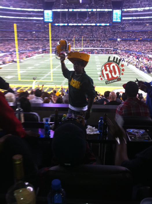 Lil Wayne At The Super Bowl Wearing A Cheesehead Hat