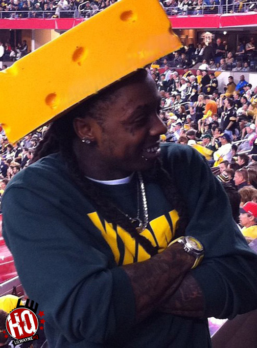 Lil Wayne At The Super Bowl Wearing A Cheesehead Hat
