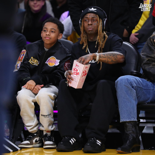 Lil Wayne Attends Lakers vs Mavs NBA Game With His Son Kameron Carter + Shows Love To LeBron James Mother Gloria